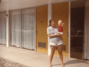 Julie and baby Phillip on a road trip to visit nursing homes